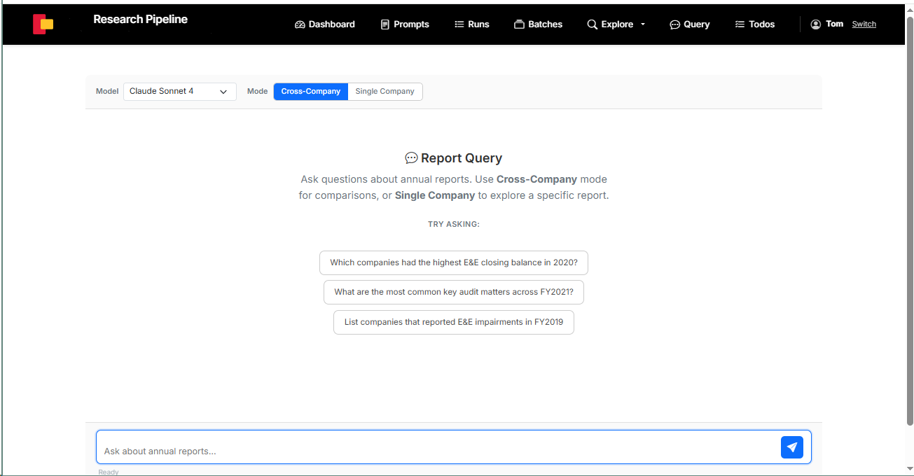 RAG Query Interface — researchers ask natural language questions about annual reports with cross-company and single-company modes