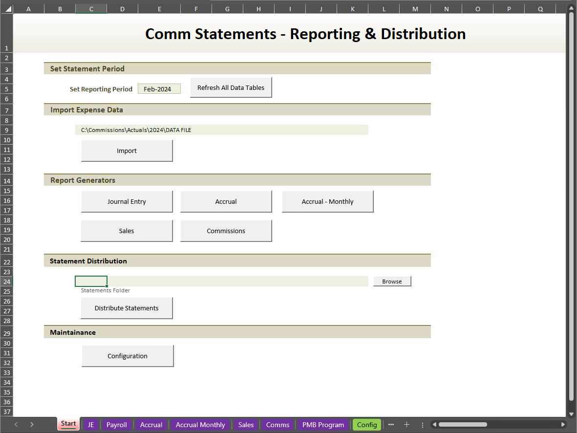 Commission Statements Reporting and Distribution — journal entry, accrual, sales, and commissions reports, plus automated statement distribution