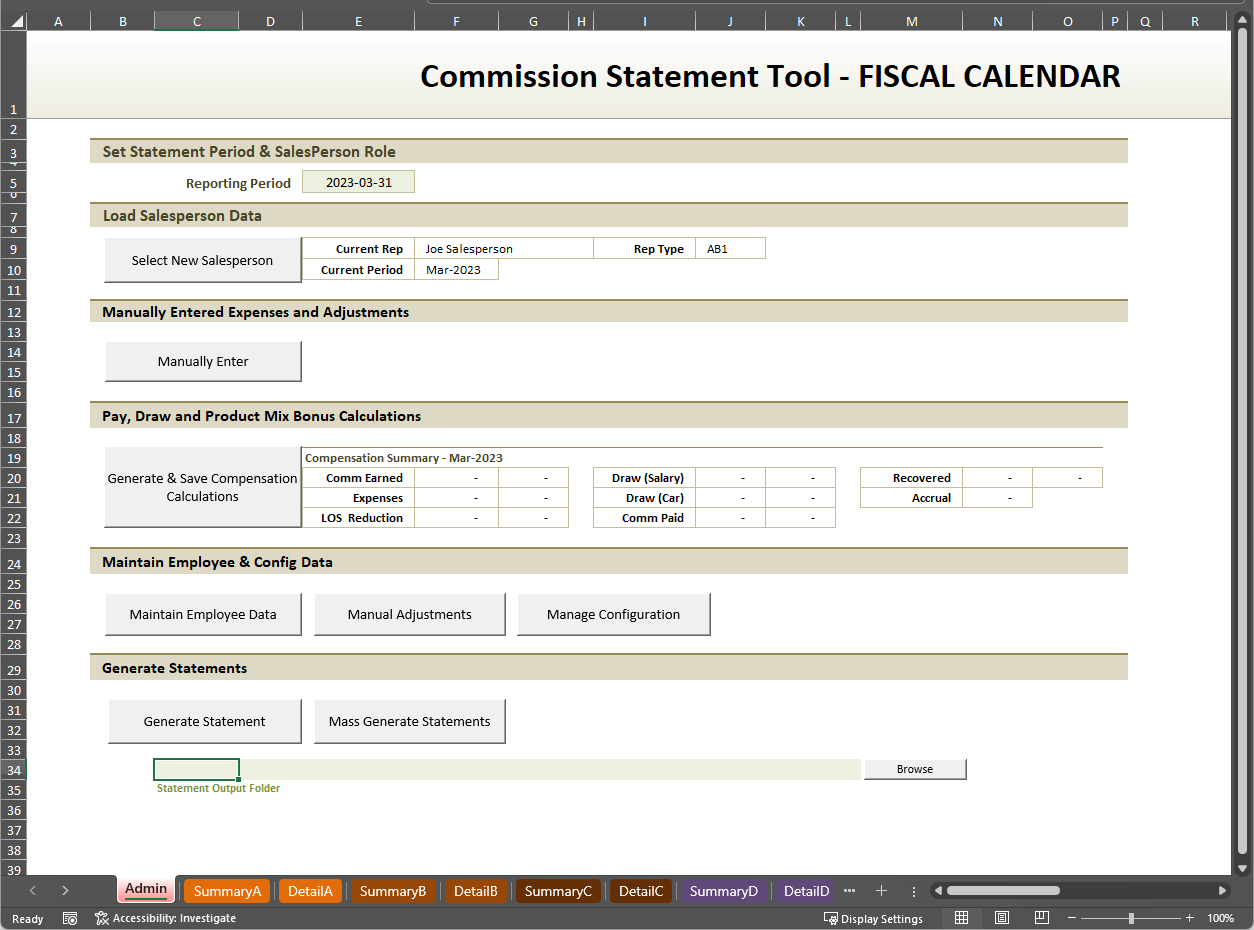 Commission Statement Tool — period selection, salesperson loading, compensation calculations, and statement generation