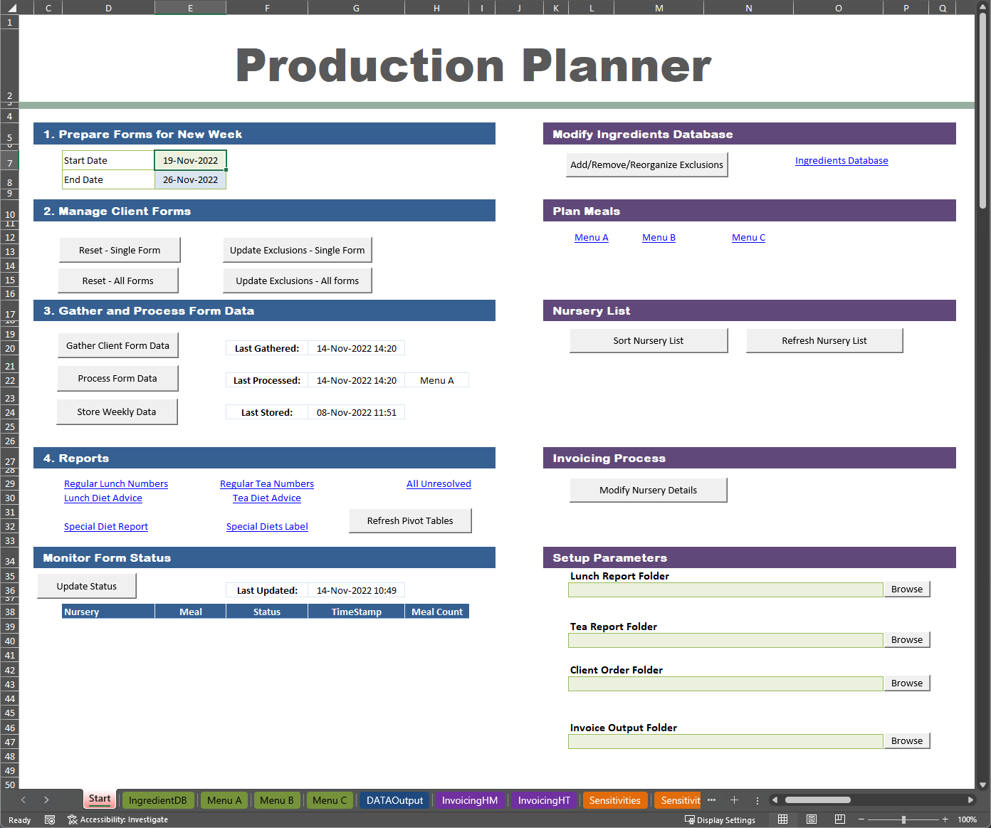 Daycare Catering Production Planner — main control panel with client management, data processing, reports, and menu planning