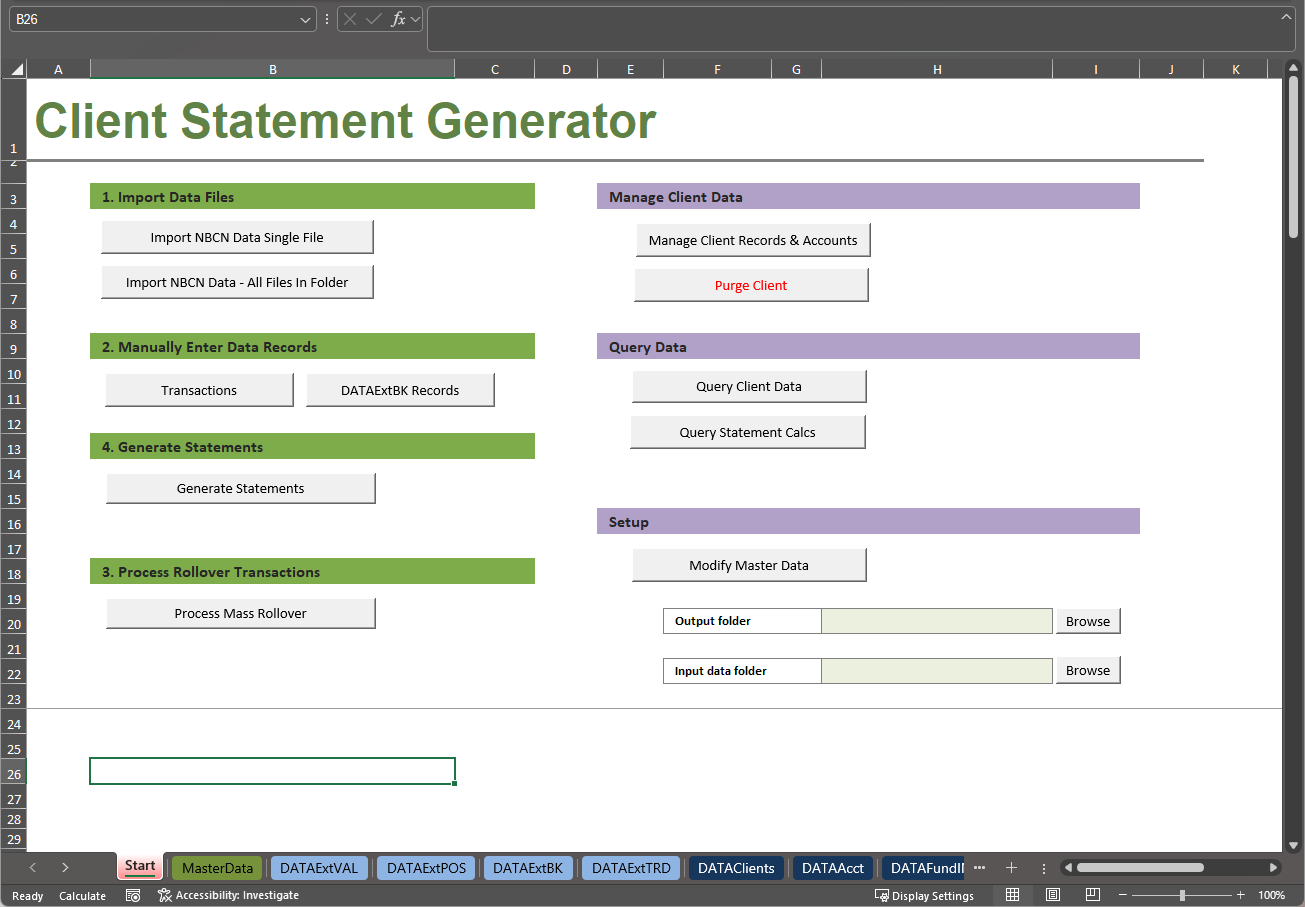 Client Statement Generator — Excel-based tool with data import, client management, and statement generation